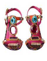 Dolce & Gabbana Pink Jacquard Crystals Sandals Heels Shoes