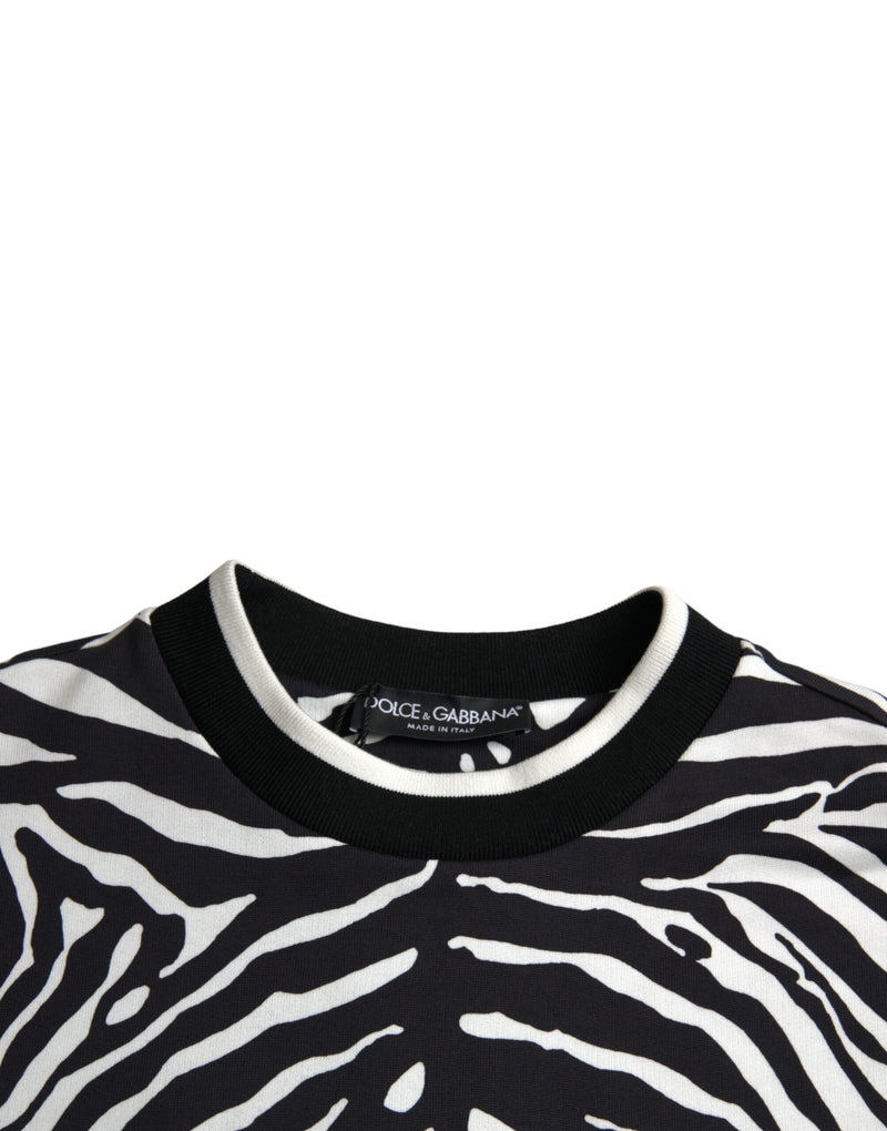 Dolce & Gabbana Black White Cotton Zebra Tree Crew Neck Sweater