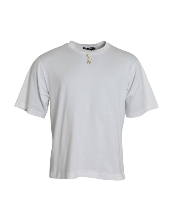 Dolce & Gabbana White Embellished Cotton Crew Neck T-shirt