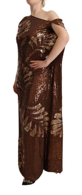 Dsquared² Brown Leaf Sequined Shift One Shoulder Long Dress