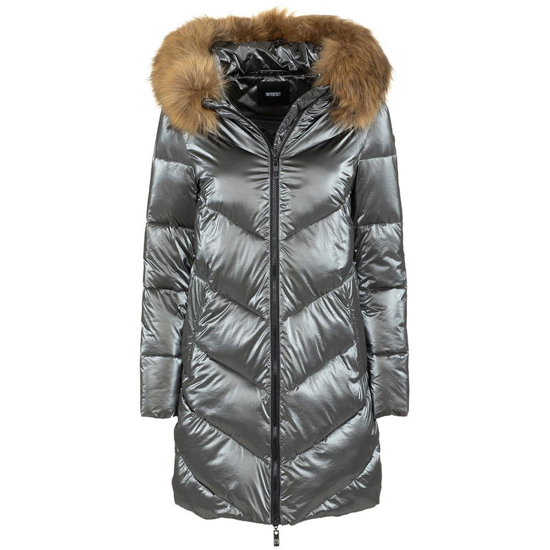 Imperfect Elegant Long Down Jacket with Eco-Fur Hood