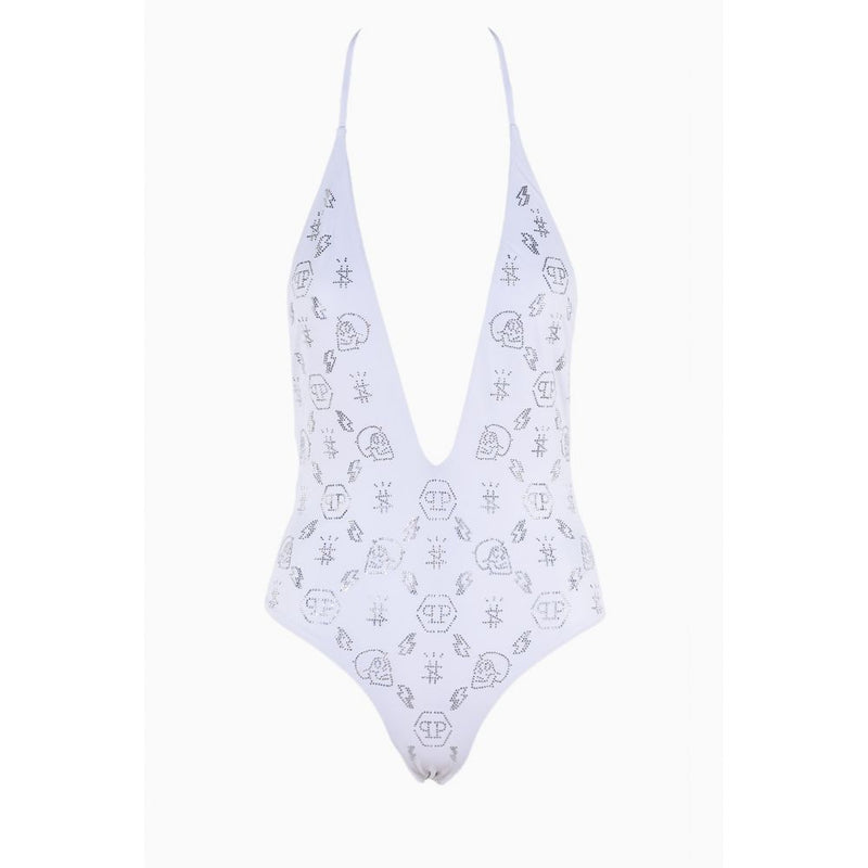 Philipp Plein White Rhinestone Embellished Swimsuit