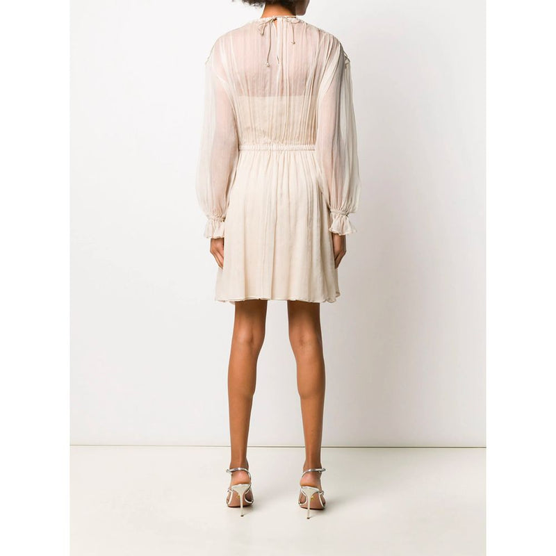 Alberta Ferretti Elegant Beige Silk Panel Dress with Long Sleeves