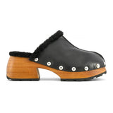 Coral Blue Elegant Black Leather Clogs with Faux Fur Trim