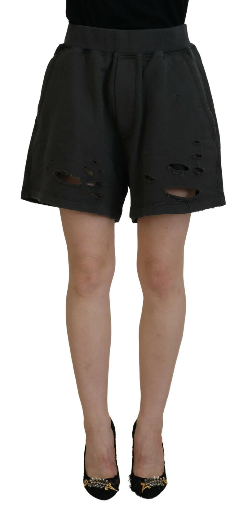 Dsquared² Black Cotton Mid Waist Tattered Tapered Shorts