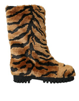 Dolce & Gabbana Brown Tiger Fur Leather Mid Calf Boots Shoes