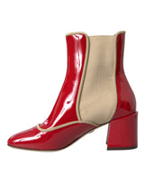 Dolce & Gabbana Red Beige Leather Embellished Mid Calf Boots Shoes