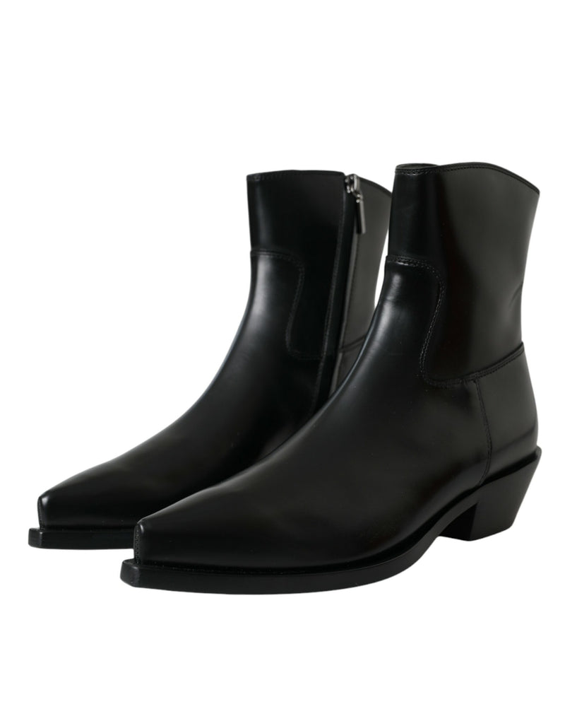 Dolce & Gabbana Black Leather Mid Calf Flats Boots Shoes