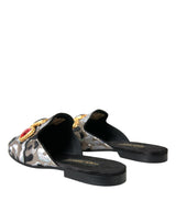 Dolce & Gabbana Gray Jacquard Crystal Mule Flat Sandals Shoes