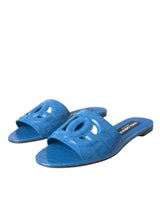 Dolce & Gabbana Cobalt Blue Leather Cut Out Logo Sandals Shoes