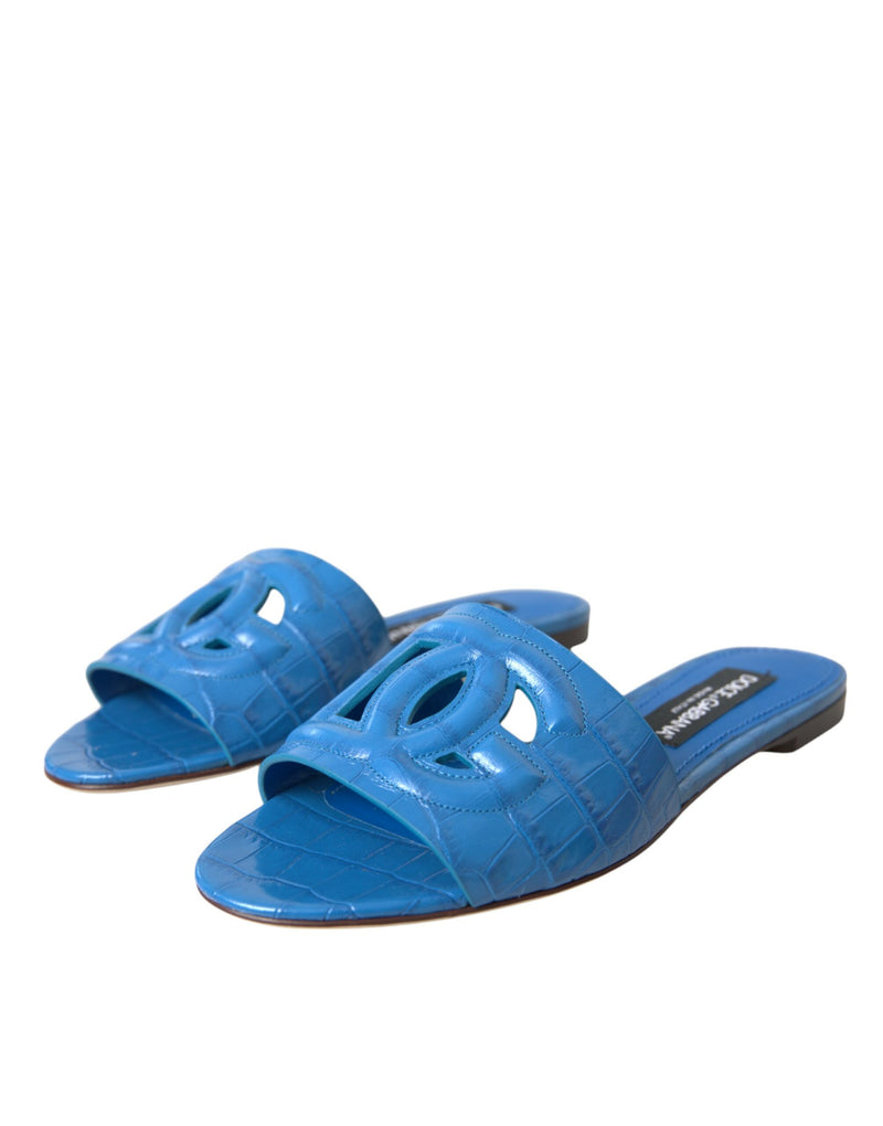 Dolce & Gabbana Cobalt Blue Leather Cut Out Logo Sandals Shoes