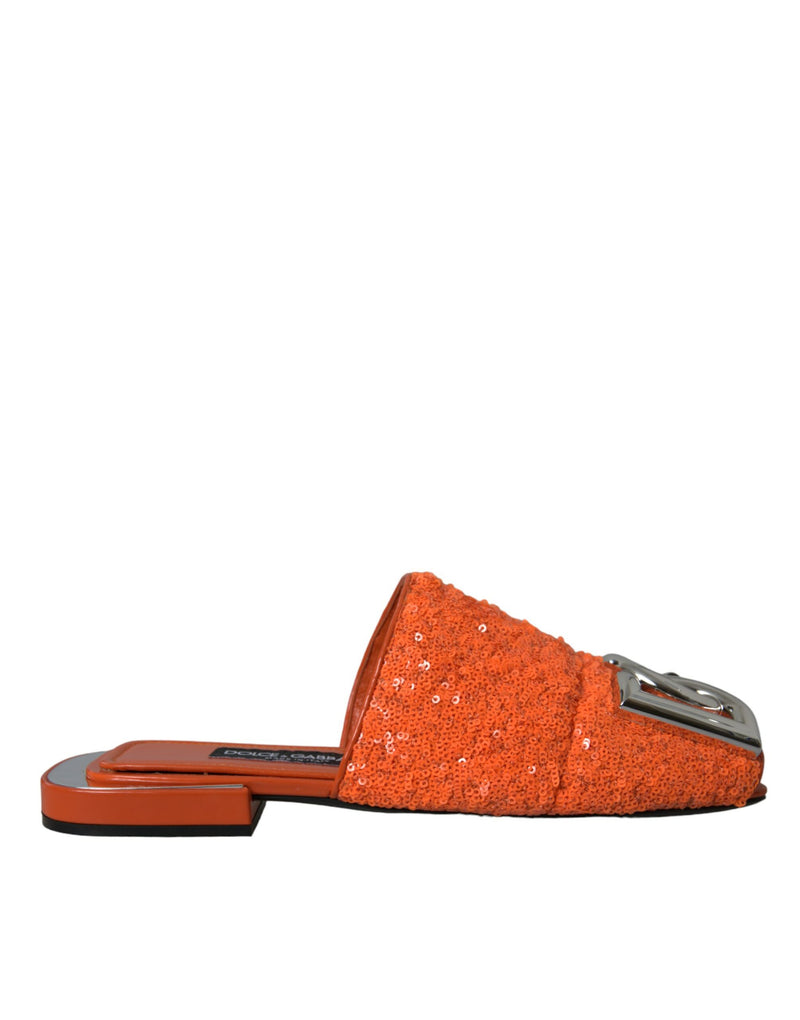 Dolce & Gabbana Orange Sequin Logo Slides Sandals Shoes