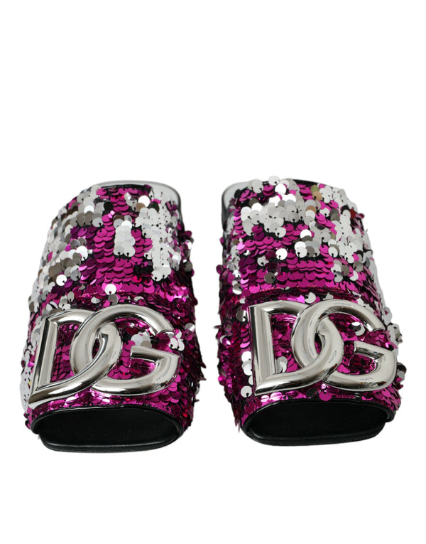 Dolce & Gabbana Fuchsia Sequin Logo Slides Sandals Shoes