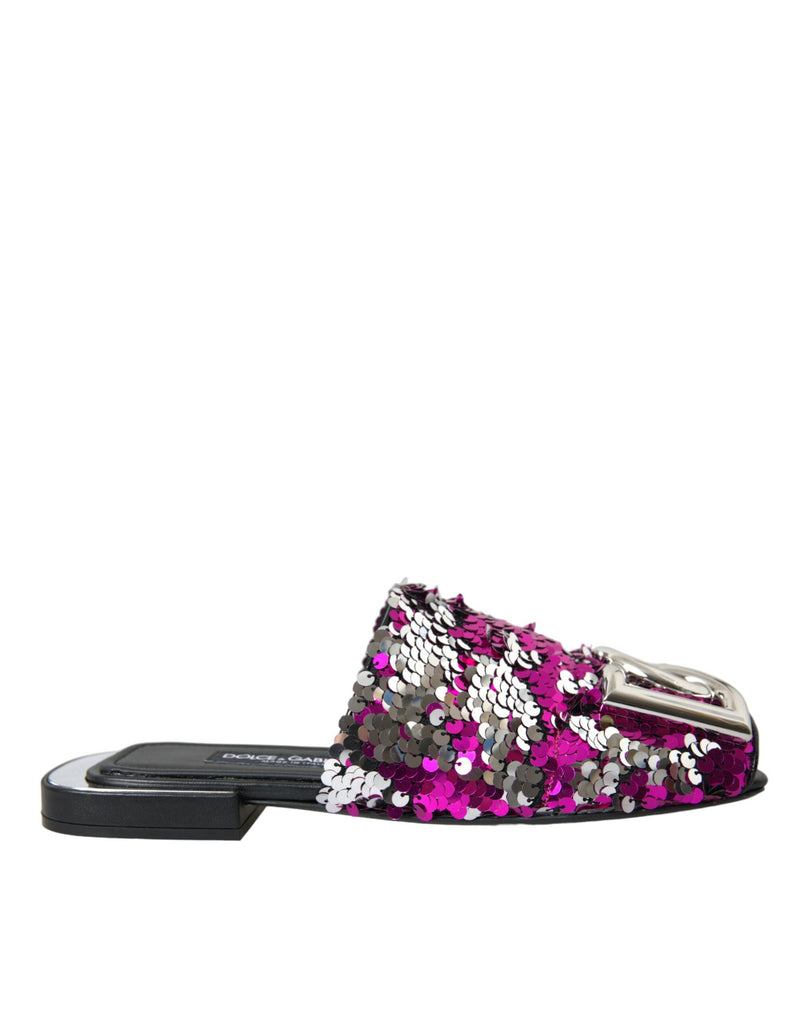 Dolce & Gabbana Fuchsia Sequin Logo Slides Sandals Shoes