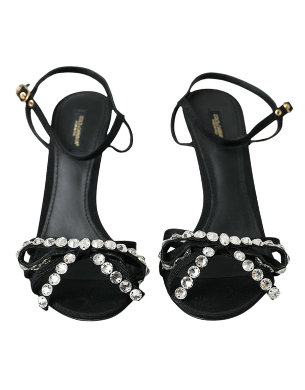 Dolce & Gabbana Black Viscose Crystal Bow Heels Sandals Shoes