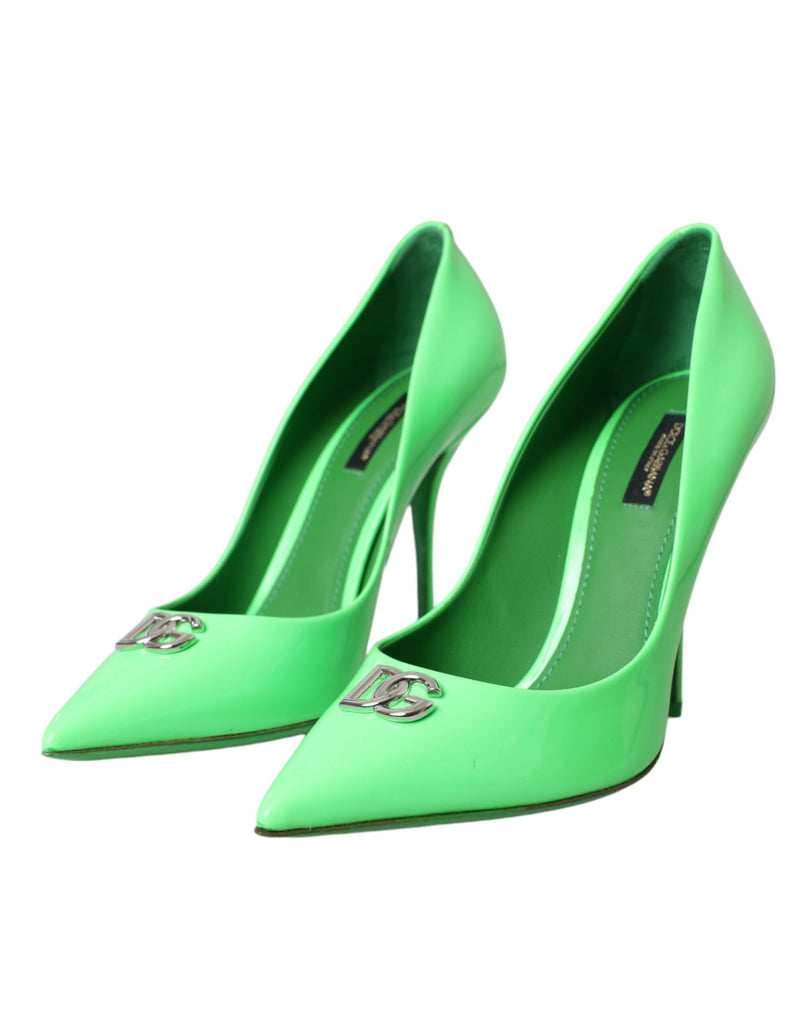 Dolce & Gabbana Neon Green Patent Leather Logo Pumps Shoes