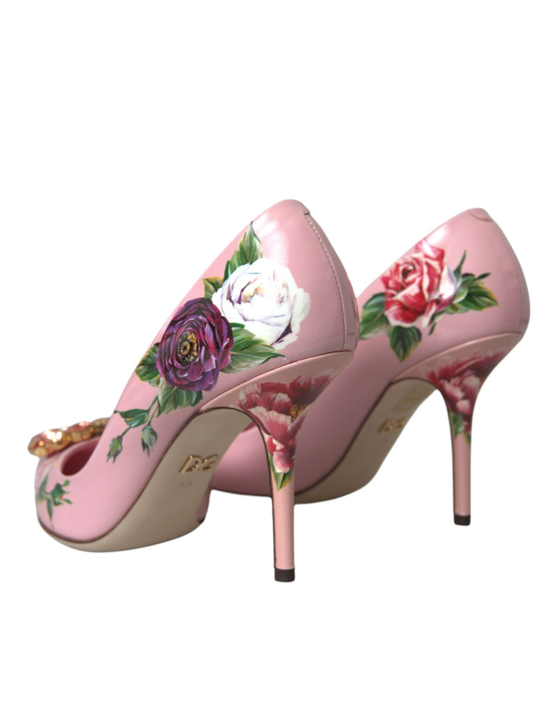 Dolce & Gabbana Pink Floral Leather Crystal Heels Pumps Shoes