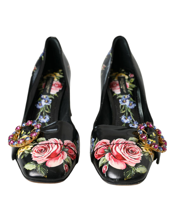 Dolce & Gabbana Black Floral Crystals Leather Pumps Shoes