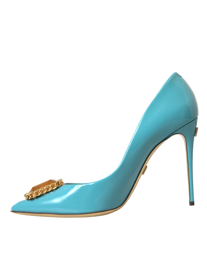 Dolce & Gabbana Blue Gold Leather Crystals Heels Pumps Shoes