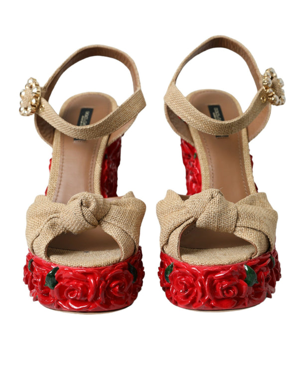 Dolce & Gabbana Red Roses Crystal Platform Sandals Shoes