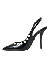 Dolce & Gabbana Black Leather Faux Pearl Heel Slingback Shoes