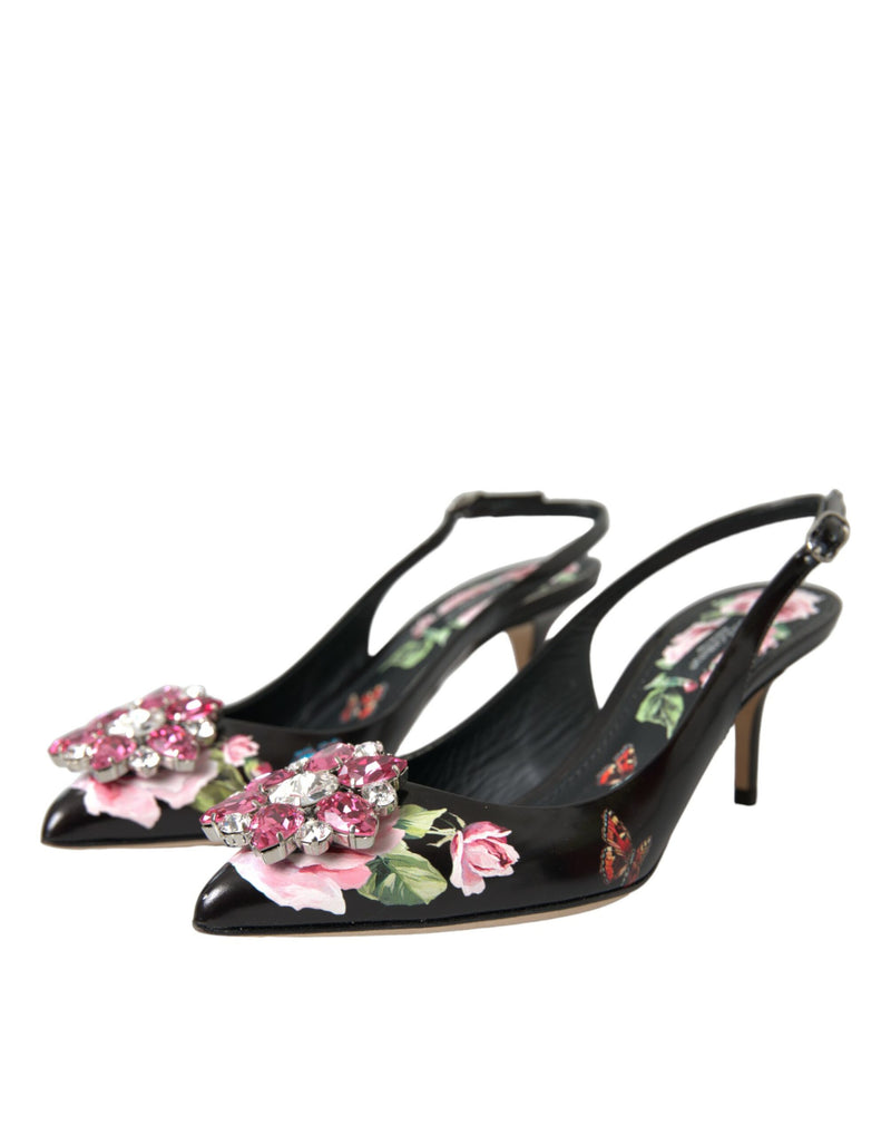 Dolce & Gabbana Black Roses Crystal Heels Slingback Shoes