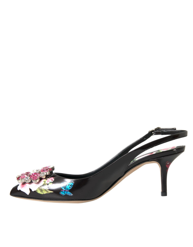 Dolce & Gabbana Black Roses Crystal Heels Slingback Shoes