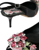 Dolce & Gabbana Black Roses Crystal Heels Slingback Shoes