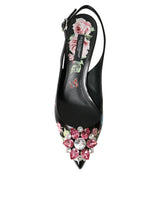 Dolce & Gabbana Black Roses Crystal Heels Slingback Shoes