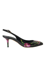 Dolce & Gabbana Black Floral Leather Heels Slingback Shoes