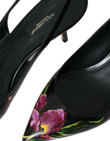 Dolce & Gabbana Black Floral Leather Heels Slingback Shoes