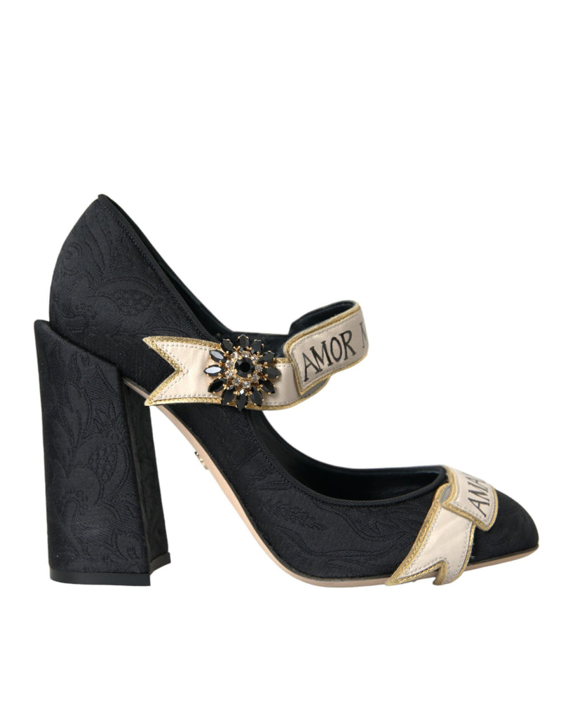 Dolce & Gabbana Black Brocade Mary Janes Crystal Pumps Shoes