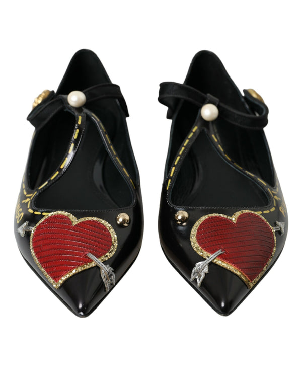 Dolce & Gabbana Black Leather Heart Embellished Loafers Shoes