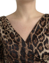 Dolce & Gabbana Brown Leopard Print Bodycon V-neck Midi Dress