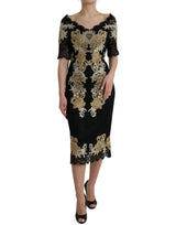 Dolce & Gabbana Black Floral Lace Cotton Sheath Midi Dress