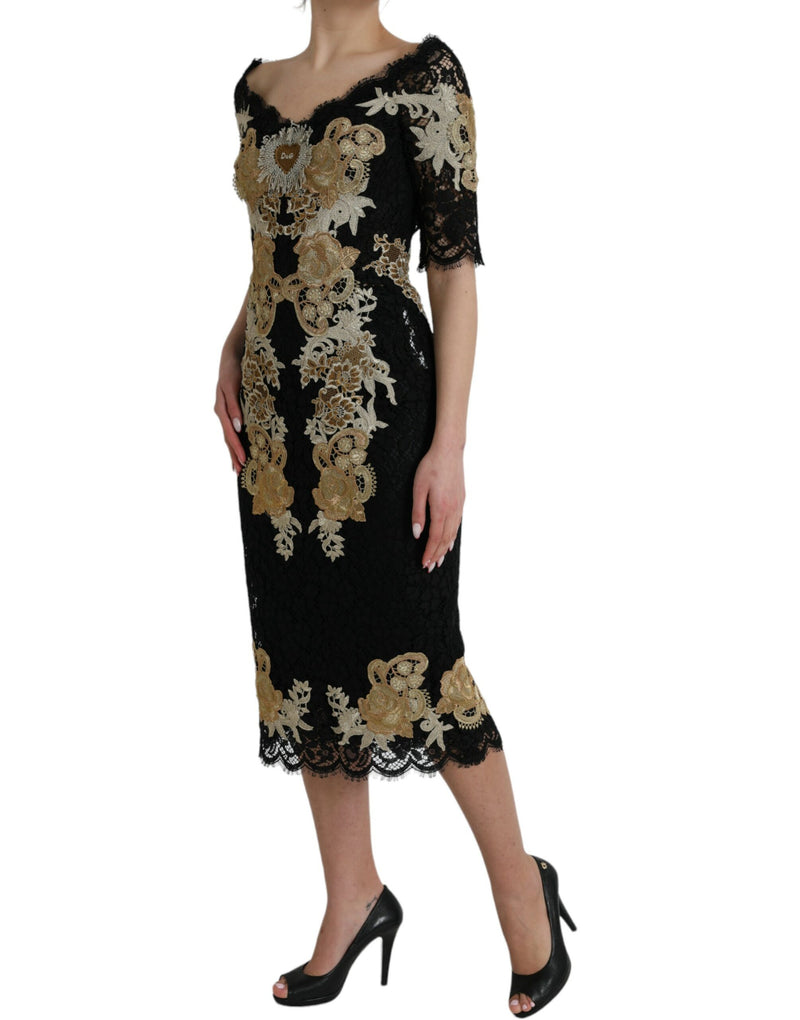 Dolce & Gabbana Black Floral Lace Cotton Sheath Midi Dress