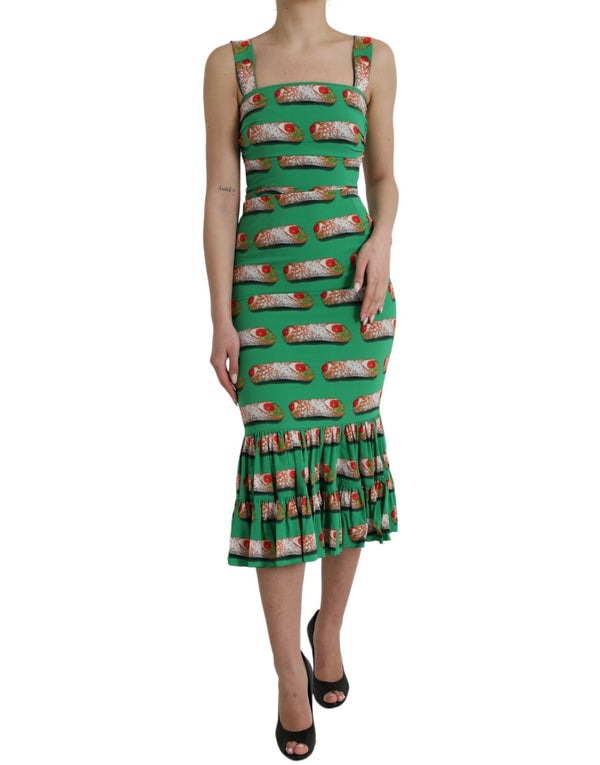 Dolce & Gabbana Green Cannoli Print Silk Ruched Midi Dress