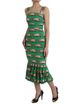 Dolce & Gabbana Green Cannoli Print Silk Ruched Midi Dress