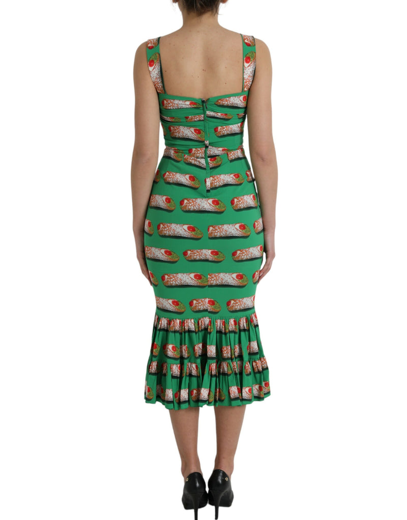 Dolce & Gabbana Green Cannoli Print Silk Ruched Midi Dress