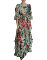 Dolce & Gabbana Blue Floral Print Tiered Long Maxi Dress