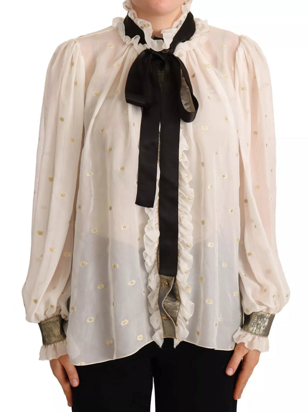 Dolce & Gabbana Off White Silk Blend Ascot Collar Blouse Top