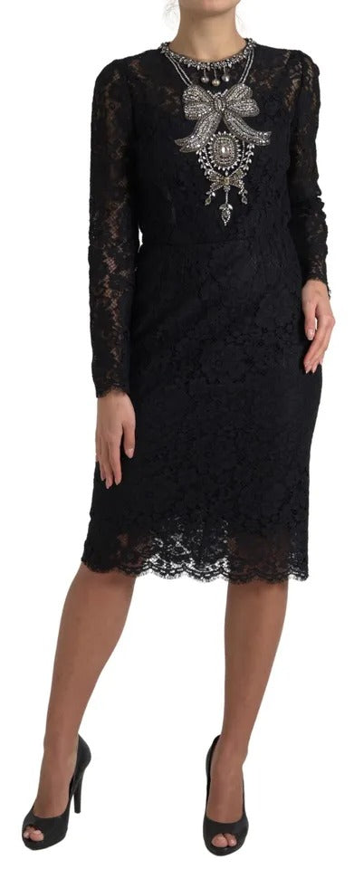 Dolce & Gabbana Black Nylon Lace Embellished Sheath Dress