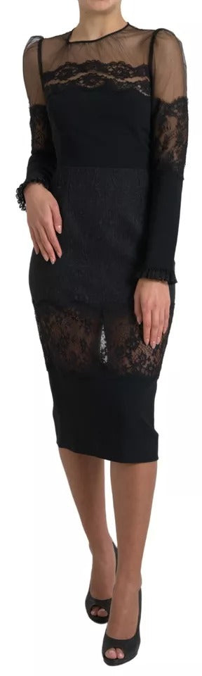 Dolce & Gabbana Black Sheer Floral Lace Sheath Midi Dress