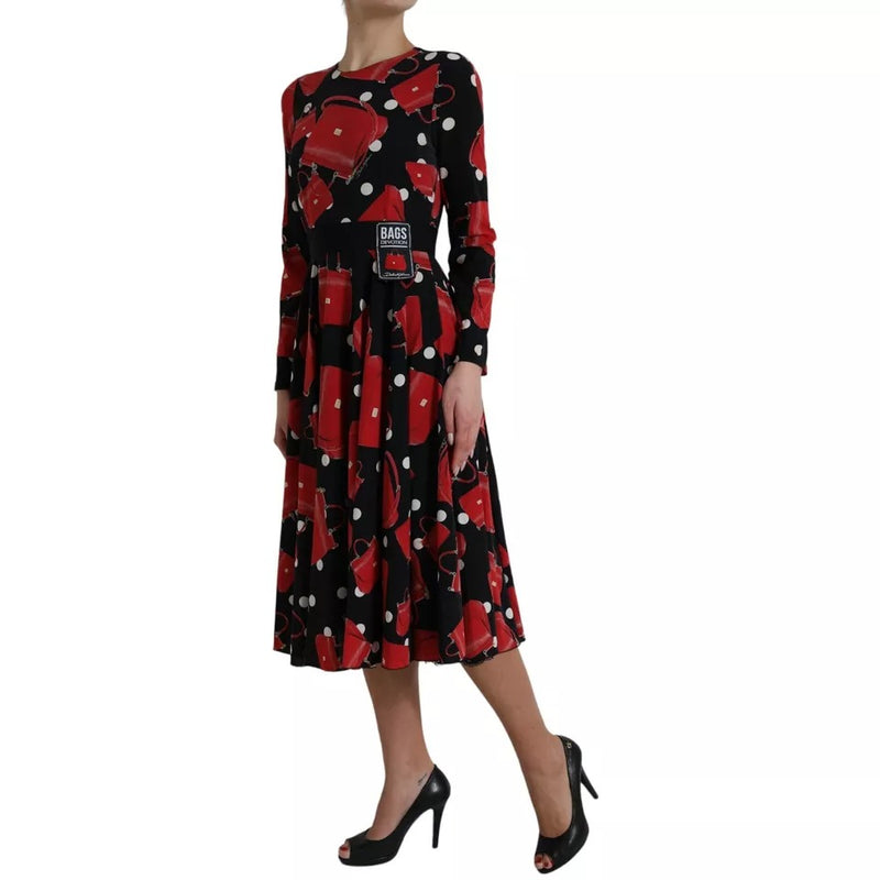 Dolce & Gabbana Black Sicily Bag Print Flared Midi Dress