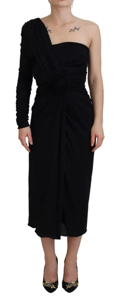 Dolce & Gabbana Black Wrap Sheath One Shoulder Wool Dress