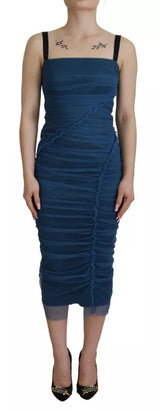 Dolce & Gabbana Blue Mesh Trim Ruched Tulle Sheath Dress