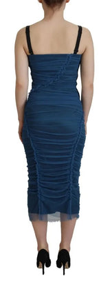 Dolce & Gabbana Blue Mesh Trim Ruched Tulle Sheath Dress