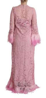 Dolce & Gabbana Shift Lilac Lace Feathers Long Sleeves Dress