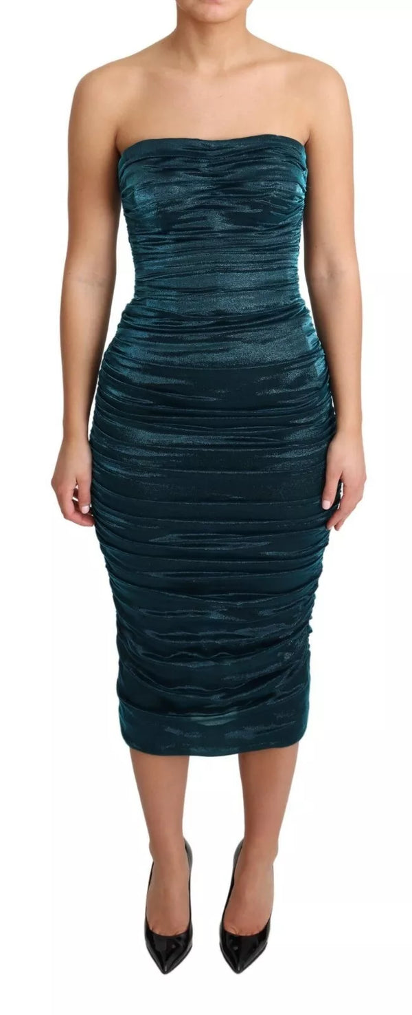 Dolce & Gabbana Silk Blend Green Satin Fitted Strapless Dress