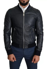 Dolce & Gabbana Black Leather Full Zip Men Bomber Jacket